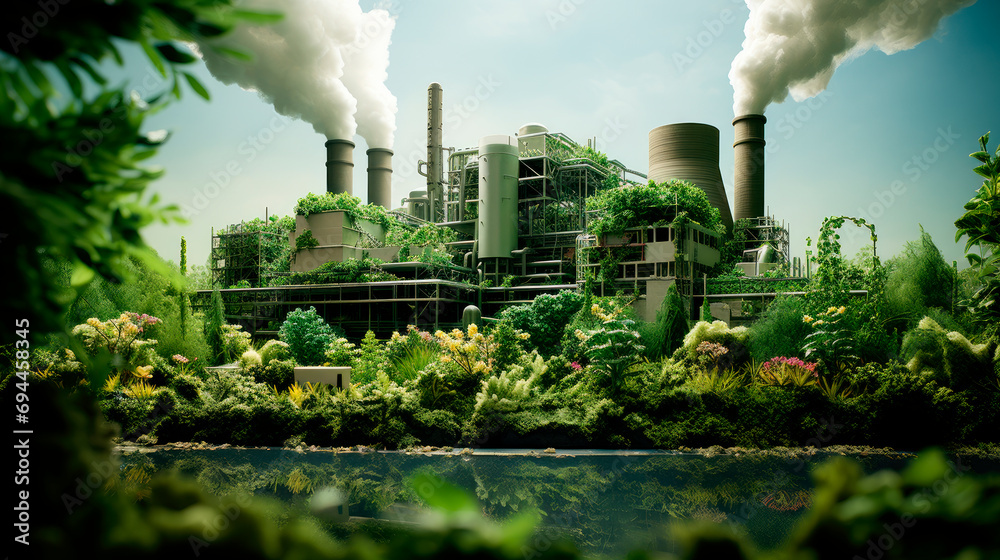 Coal-fired power station overgrown with grass, moss and plants release carbon emissions. Greenhouse effect, global warming, climate changes, air pollution concept.