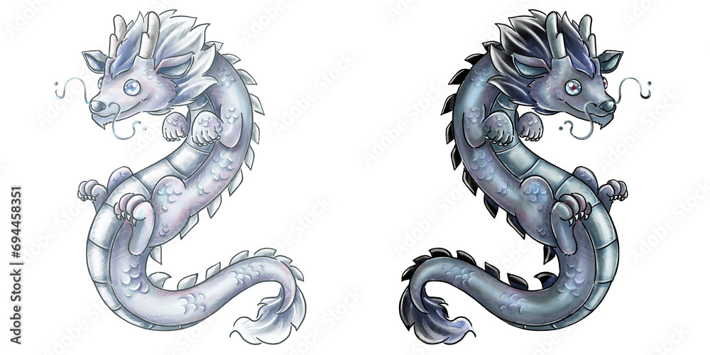 A White Pearl Chinese Dragon and A Black Chinese Dragon Cartoon Watercolor Drawing for the Year of Dragon