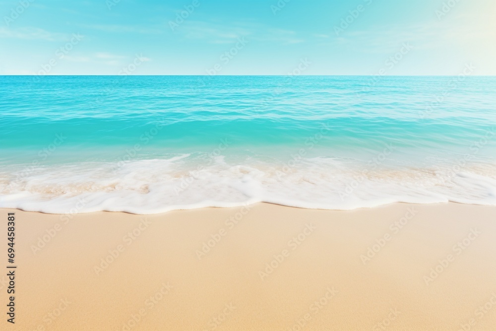 A stunning abstract beach scene featuring sunlight, sandy shores, and turquoise waves—a concept for an idyllic seaside resort, offering for text or product showcasing. Created with generative AI tools