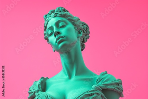 An elegant Greek female statue showcased on a pink background. Created with generative AI tools
