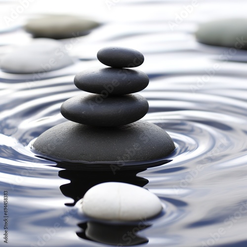 Harmony in Balance: A Close-Up View of Smooth, Dark Pebbles Stacked with Precision Against a Soft, Blurred Background