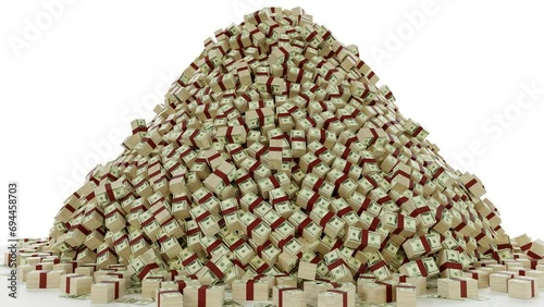 Money on pile rotating on white background, 3D rendered dollar animation.