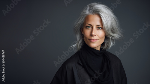 Generative AI image of older woman with gray hair is smiling and looking at the camera