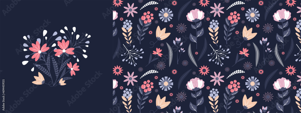 Festive flower collection on a dark background. Beautiful seamless pattern for bed linen, fabric, wallpaper, wrapping paper, postcards and more. Vector design. Festive flower collection on a dark background. Beautiful seamless pattern for bed linen, fabric, wallpaper, wrapping paper, postcards and more. Vector design.
