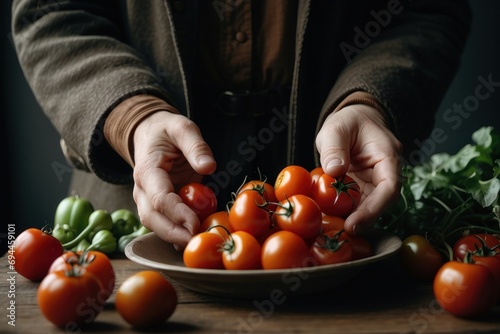 hand reaches for tomatoes