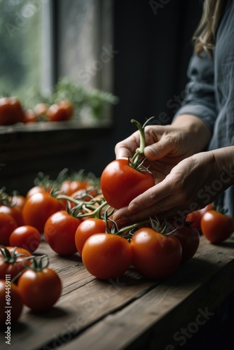 hand reaches for tomatoes
