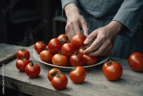 hand reaches for tomatoes