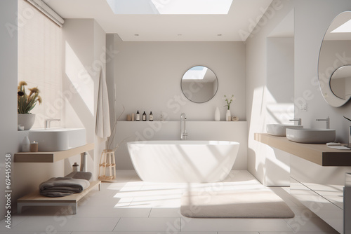 Full of sun light white minimalistic bathroom  beige interior elements