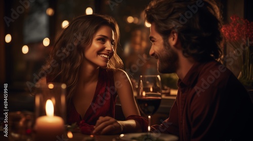 Couple celebrating Valentine's day with red wine at restaurant