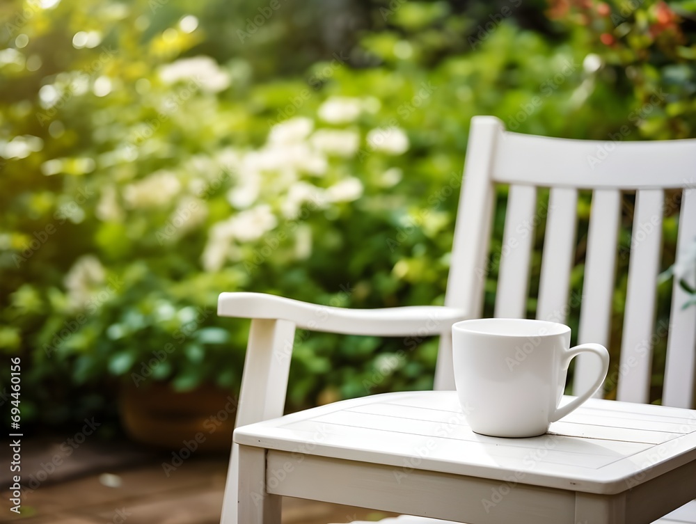 Directly above view of garden chair and table. Coffee on wooden table in the garden Directly above view of garden chair and table. Coffee on wooden table in the garden