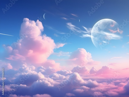 pink cloud on blue sky. beautiful pink sky. Pink sunset clouds sky with full moon and stars. Dream magic evening sky with moon clouds. Blue hours sky