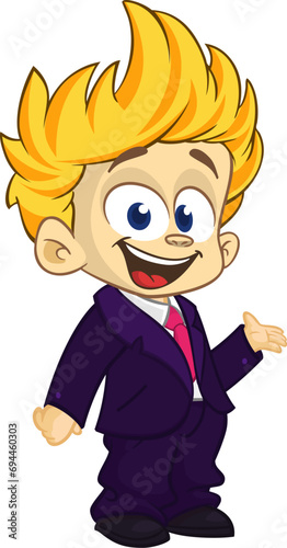 Vector illustration of a little boy in man's clothes. .Cartoon of a young kid dressed up in a mans business suit presenting
