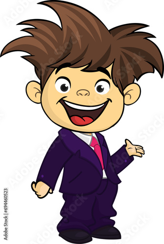 Vector illustration of a little boy in man's clothes. .Cartoon of a young kid dressed up in a mans business suit presenting