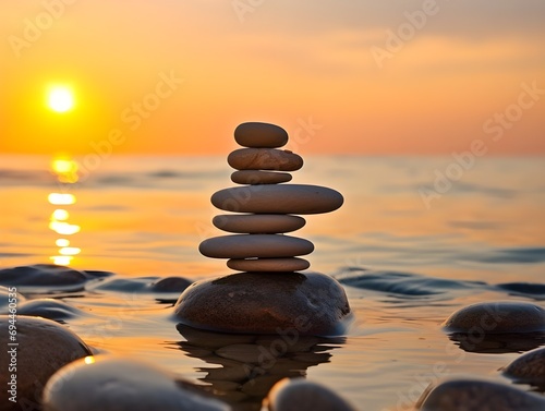 Pyramid stones on the seashore with warm sunset on the sea ocean background. Sandy beach, calm sea. Concept of happy vacation on the sea. Close-up of stacked pebbles at beach against sky during sunset