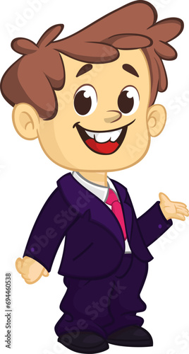 Vector illustration of a little boy in man's clothes. .Cartoon of a young kid dressed up in a mans business suit presenting
