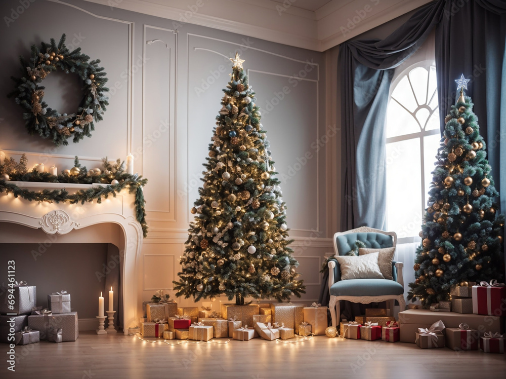 A spacious room with a fireplace and an armchair, with New Year's trees decorated with bright balls and garlands. There is a Christmas wreath above the fireplace. There are many boxes with gifts on th