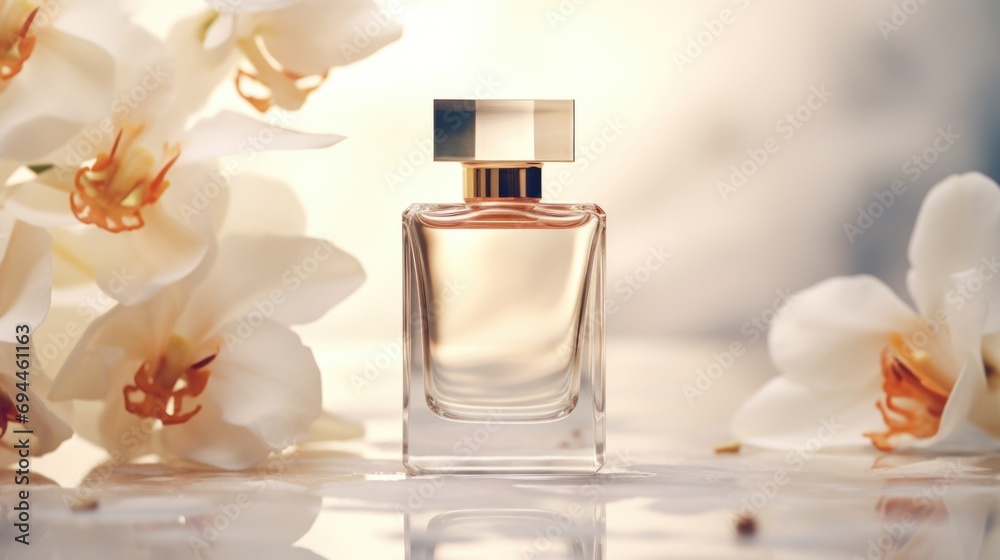 A bottle of perfume placed on a table. Can be used for beauty, cosmetics, and lifestyle themes A bottle of perfume placed on a table. Can be used for beauty, cosmetics, and lifestyle themes
