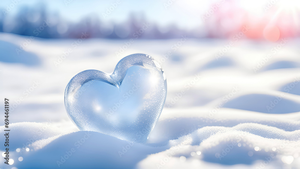 Shiny heart of ice on the snow at sunny winter morning. Valentine s Day, Love background for design with copy space.Generative AI  - obrazy, fototapety, plakaty 
