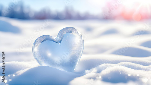Shiny heart of ice on the snow at sunny winter morning. Valentine s Day, Love background for design with copy space.Generative AI  photo