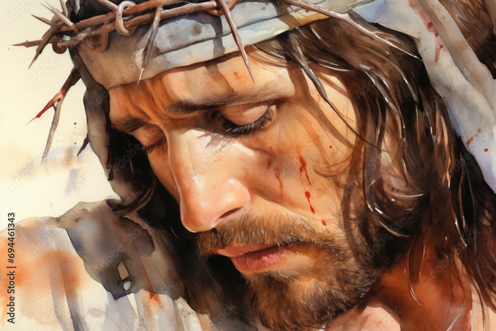A painting depicting a man wearing a crown of thorns on his head. This powerful image can be used to symbolize suffering, sacrifice, or religious themes