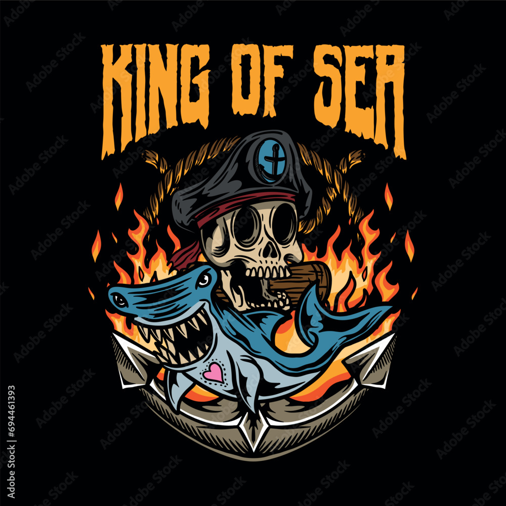 Vector t shirt design king of sea with shark skull and anchor fire background vintage illustration