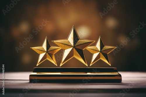 A gold star award placed on a wooden table. Suitable for recognizing achievement and excellence in various fields photo