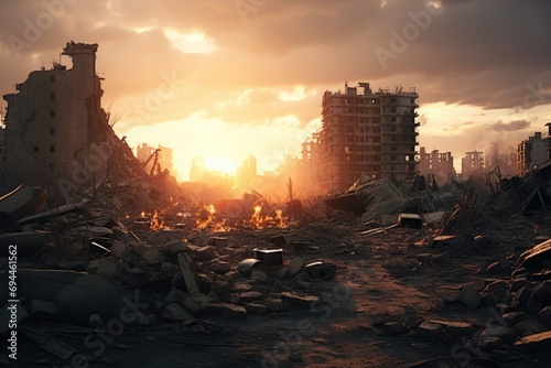 A striking image of the sun setting over a city in ruins. Perfect for conveying themes of destruction  post-apocalyptic scenarios  or the aftermath of a disaster.