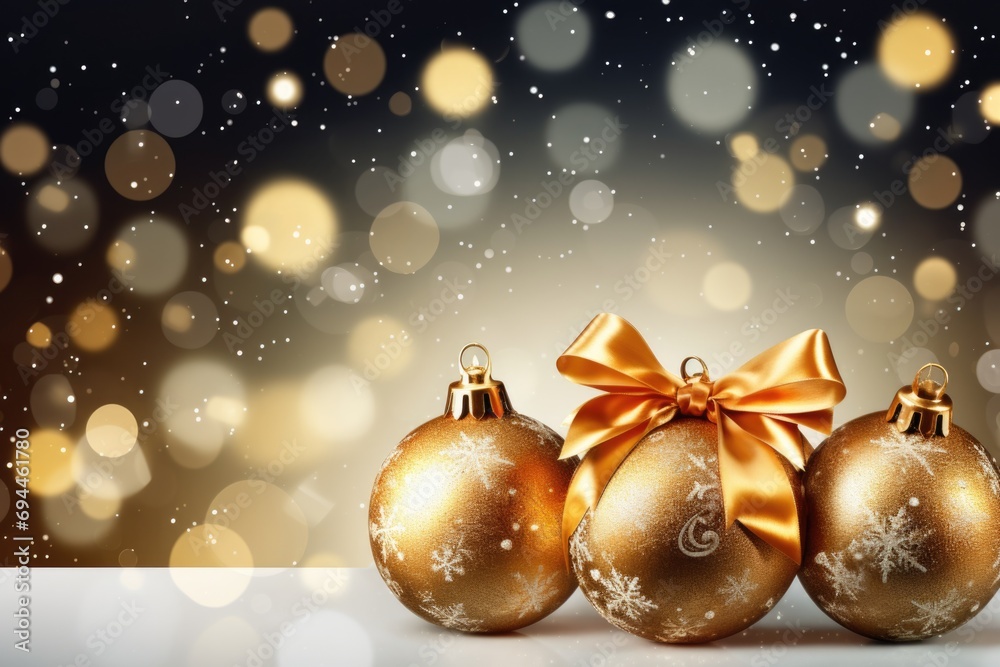 Three golden Christmas balls with a bow sitting on a table. Perfect for holiday decorations and festive themes