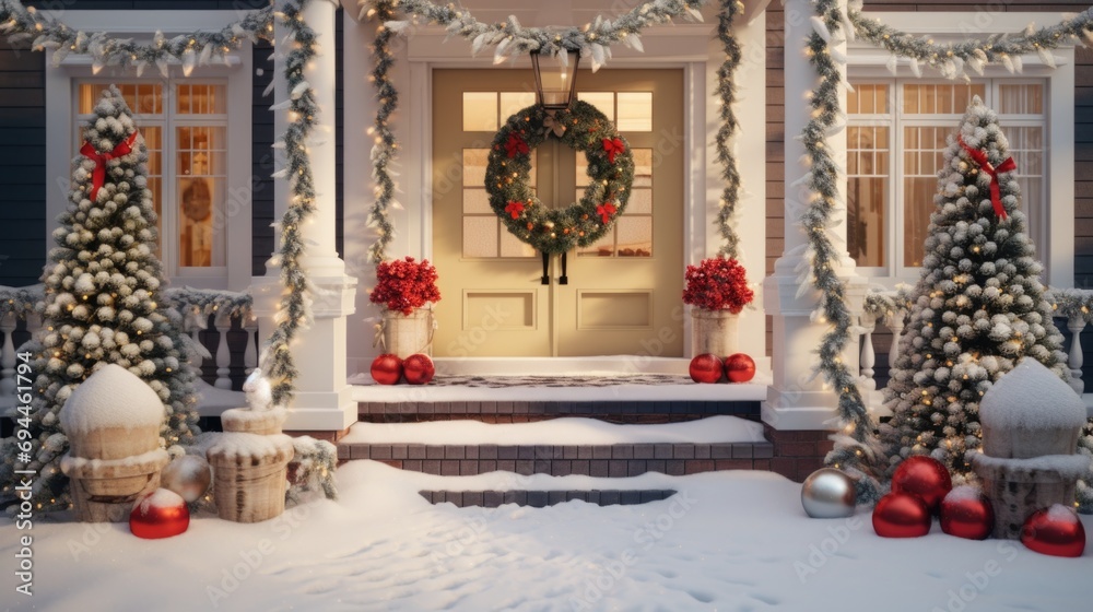 A festive house adorned with Christmas decorations, featuring a beautiful wreath hanging on the front door. Perfect for holiday-themed projects and greetings