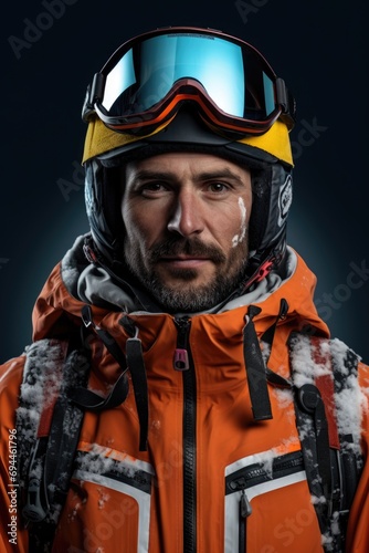 A man wearing an orange jacket and goggles poses for a picture. This image can be used for outdoor activities, adventure sports, or photography themes