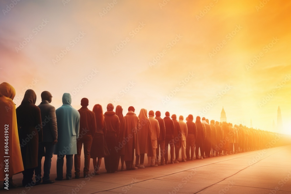 A large group of people standing in a line. This image can be used to represent teamwork, unity, waiting in line, or organized events - obrazy, fototapety, plakaty 