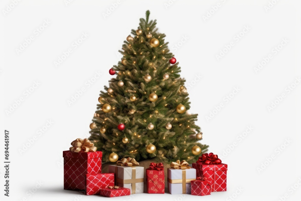 A festive Christmas tree surrounded by presents. Perfect for holiday-themed designs and decorations A festive Christmas tree surrounded by presents. Perfect for holiday-themed designs and decorations