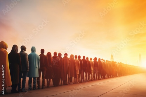 A large group of people standing in a line. This image can be used to represent teamwork, unity, waiting in line, or organized events photo