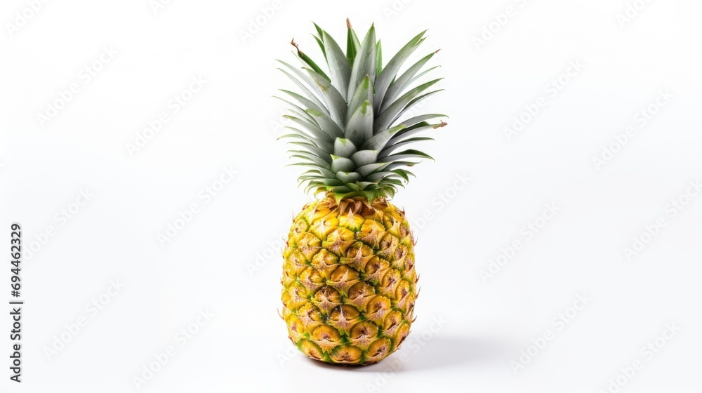 A pineapple sitting on a white surface. Suitable for tropical themes and food-related concepts A pineapple sitting on a white surface. Suitable for tropical themes and food-related concepts