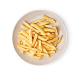 Plate of tasty french fries on white background
