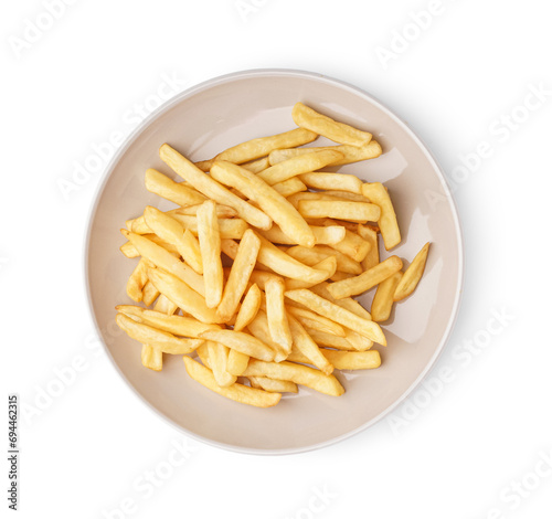 Plate of tasty french fries on white background