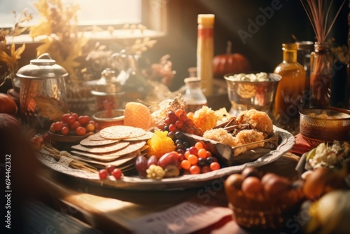 A visually appealing platter of food displayed on a table in front of a window. Perfect for showcasing delicious meals and dining experiences.