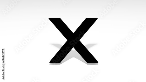 Black x word on white floor with a shadow.