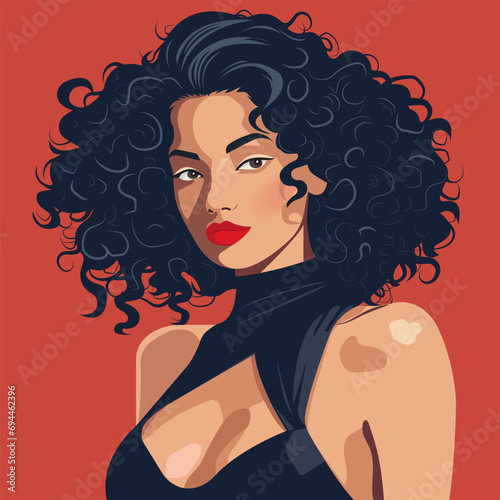 Vector fashion illustration, portrait of a young sexy African woman with curly hair, girl posing in a stylish dress with bare shoulders and a deep neckline.
