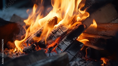 A close-up view of a fire burning in a fireplace. This image can be used to create a cozy and warm atmosphere in various projects