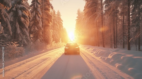 A car driving down a snow covered road. Perfect for winter driving or scenic winter road trips