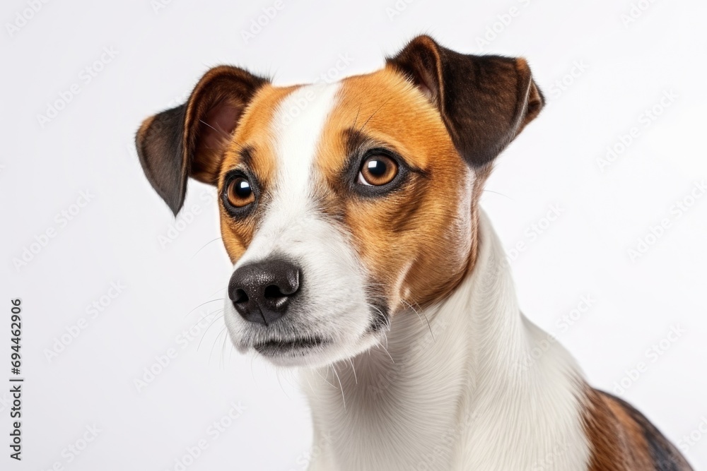 A brown and white dog staring directly at the camera. Suitable for various uses