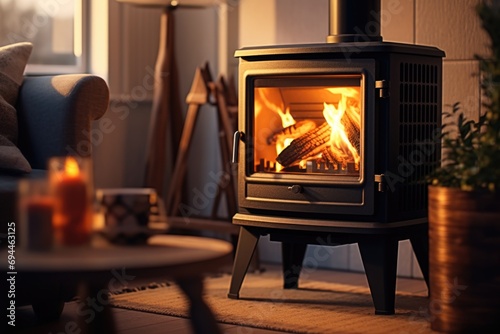 A cozy wood burning stove in a living room. Perfect for adding warmth and ambiance to any space photo