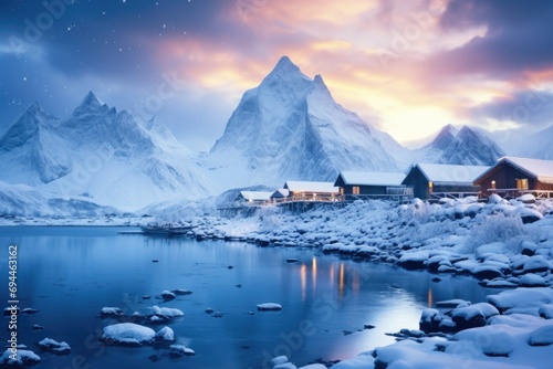 A picturesque snowy mountain range with a charming house nestled on the shore. Perfect for winter-themed designs and travel brochures