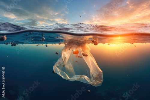 A plastic bag floats in the calm ocean waters during a beautiful sunset. This image can be used to raise awareness about plastic pollution and its impact on marine life