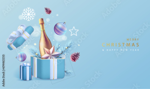 Merry Christmas holiday poster with 3D champagne bottle, Christmas tree branch, pine cone, star and gift box. Vector illustration