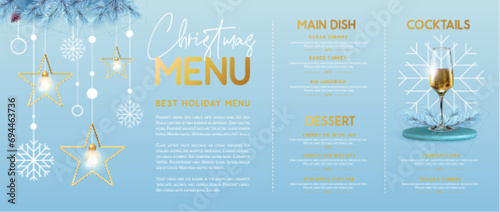 Restaurant Christmas holiday menu design with stars, snowflakes, champagne glass and bottle. Vector illustration