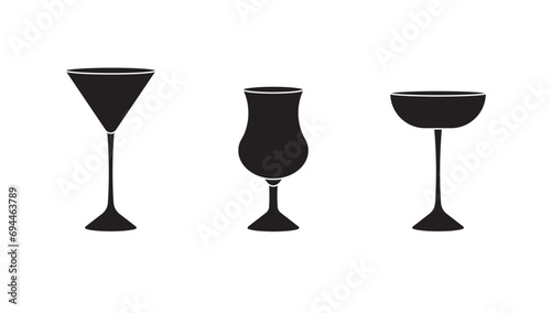 Set of three various glasses for alcohol and non alcohol drinks in silhouettestyle on white background for icons, posters, patterns, webs, apps, wrapping	 photo