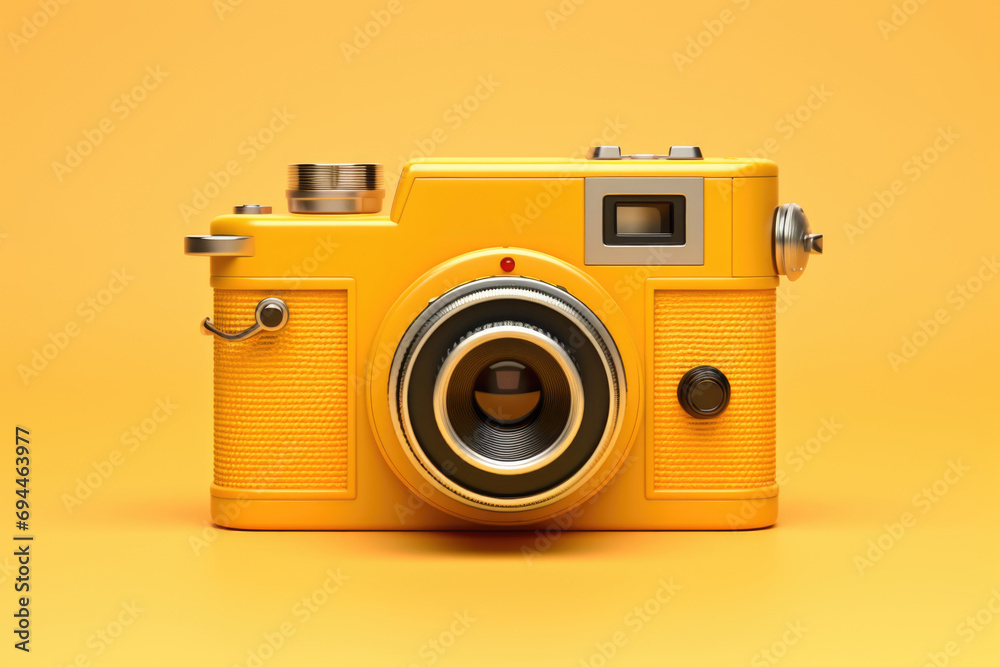 A yellow camera sitting on top of a yellow surface. Can be used for technology or photography concepts