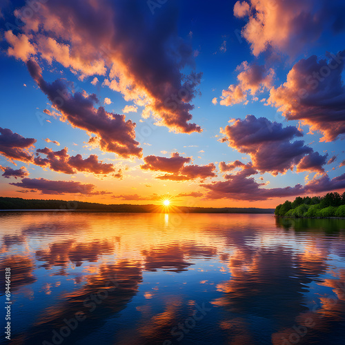 Large lake with sunset with clouds and trees in the background